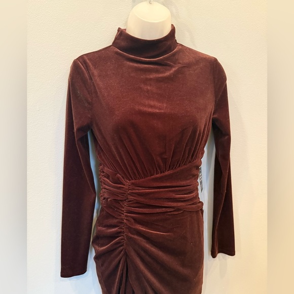 Express Velvet Ruched Mock Neck Mini Dress - XS - chocolate brown - Picture 4 of 11